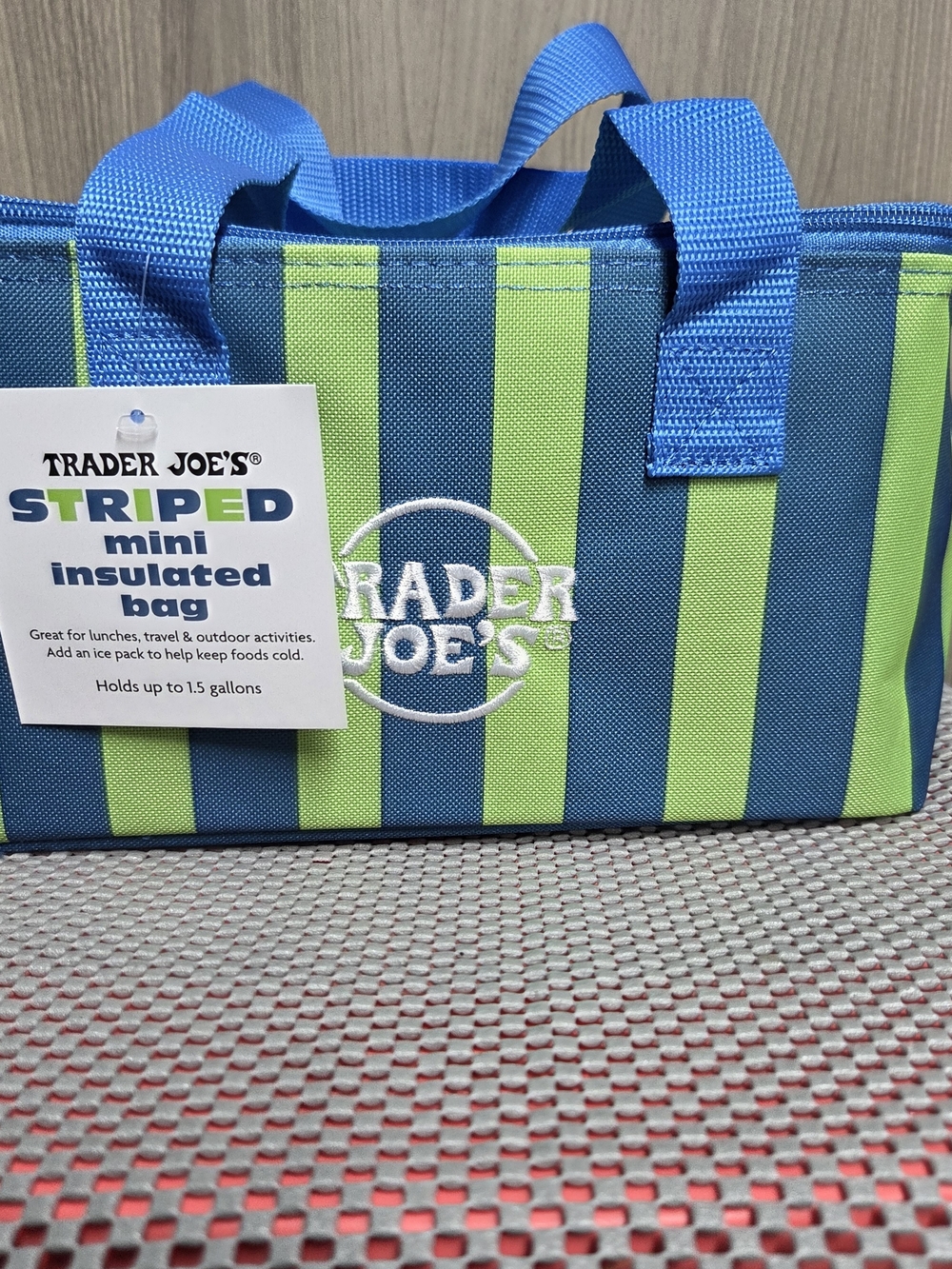 Trader Joe's Striped Mini Insulated Bag - Blue & Lime Green Brand New!